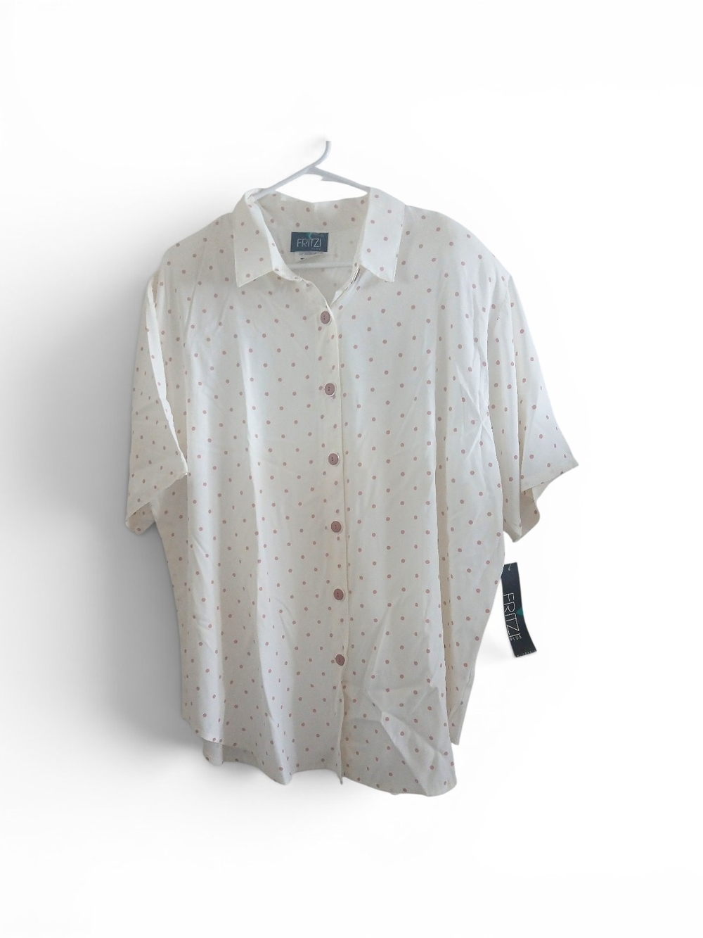 Vintage Womans White  Short-Sleeve Button-Up Shirt with Pink Dot Print